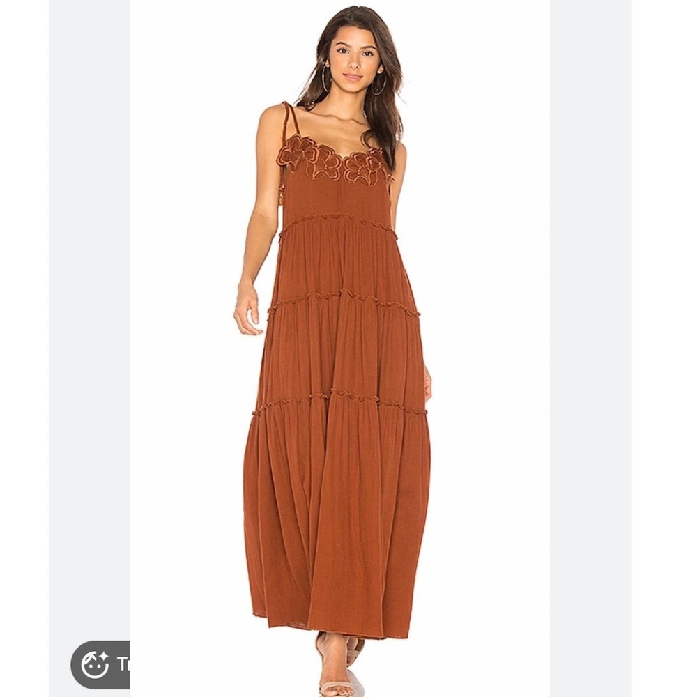 See By Chloé Floral Appliqué Maxi Tiered Ruffle Dress Bow Tie Brown Mahogany 34‎